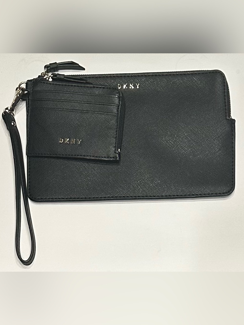DKNY Wristlet Wallet Medium Pouch Black Embossed Logo Pattern Faux Leather